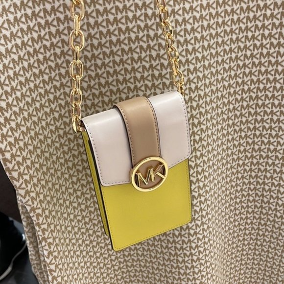 Michael Kors Carmen Small Color-Block Faux Leather Phone Crossbody Bag Sunshn - Picture 12 of 16